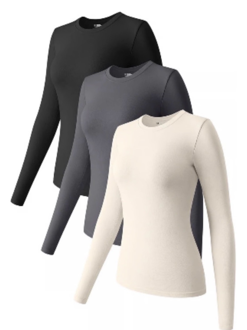 Bundle of 3 Women's Long Sleeve Cropped Compression Tops — Black, Gray & Cream